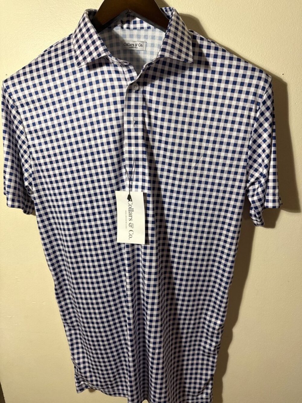 Collars & Co. Mens Large-Tall Blue & White Gingham Dress Collar Polo Shirt